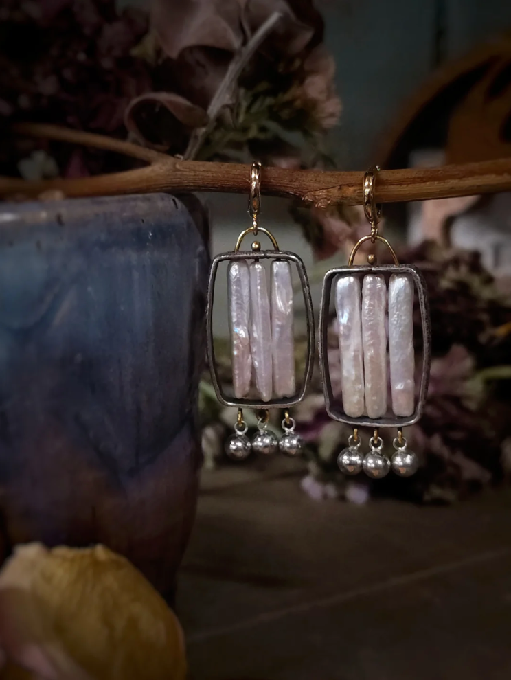 Stick Pearl Cage Earrings | Oxidized Sterling Silver | Dangle Earrings