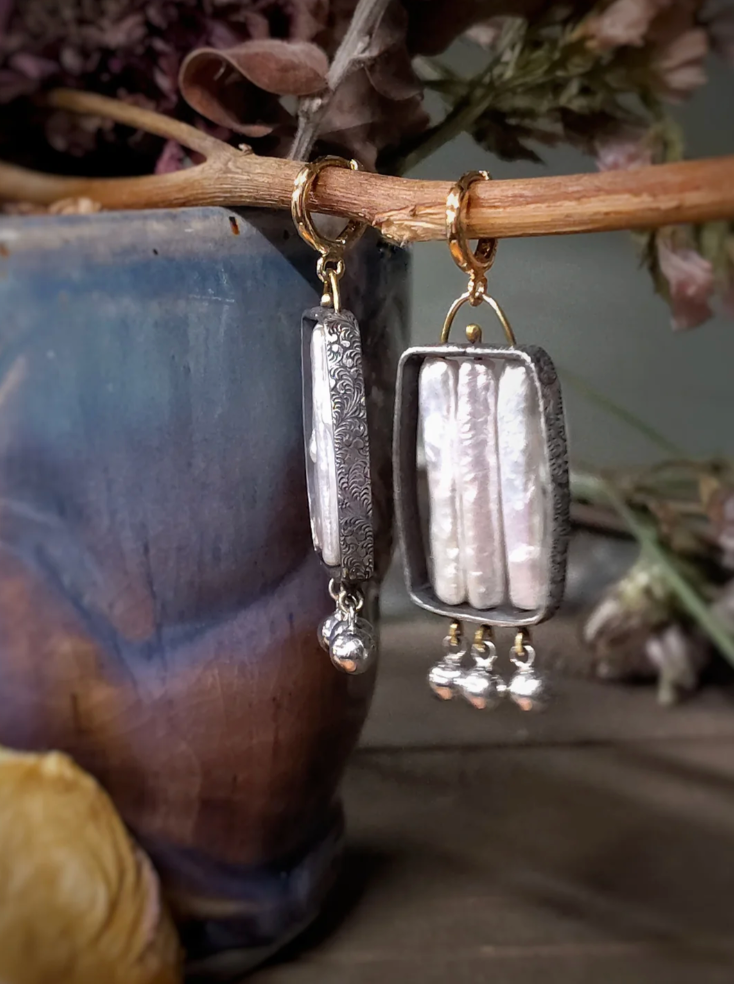 Stick Pearl Cage Earrings | Oxidized Sterling Silver | Dangle Earrings