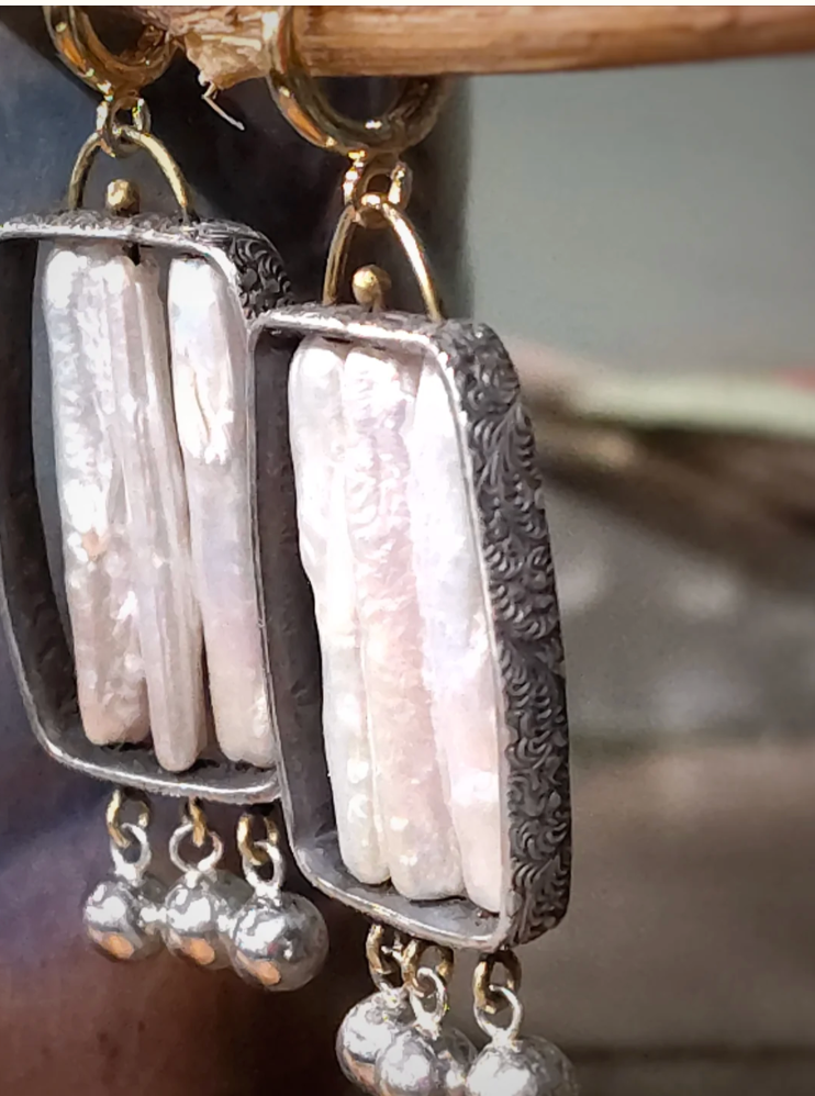 Stick Pearl Cage Earrings | Oxidized Sterling Silver | Dangle Earrings