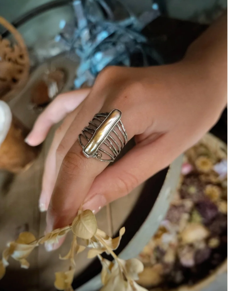 Stick Pearl | Champagne Diamond | Gold and Sterling Silver Wide Band Ring