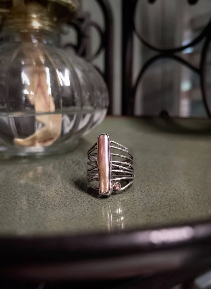 Stick Pearl | Champagne Diamond | Gold and Sterling Silver Wide Band Ring