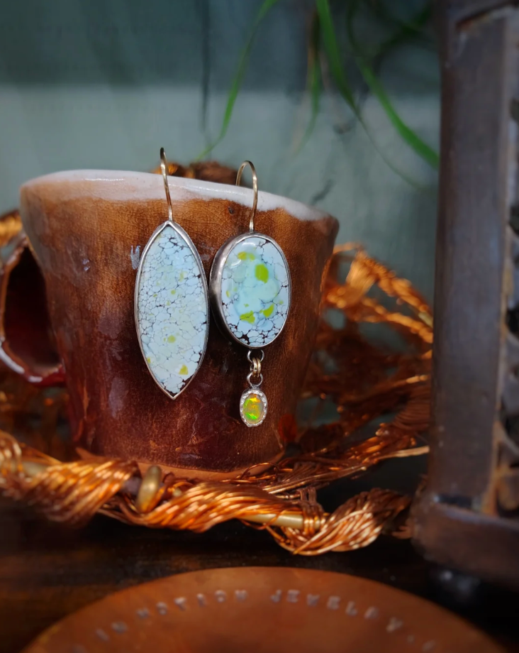 Asymmetrical Palomino Turquoise & Ethiopian Opal Earrings | Oxidized Sterling Silver | Dangle Earrings