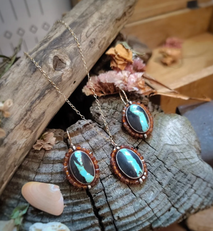 Royston Ribbon Turquoise & Champagne Garnet | Necklace & Earring Set — Decorated Tide Pool Backs | 14k Gold-Filled Ear Wires