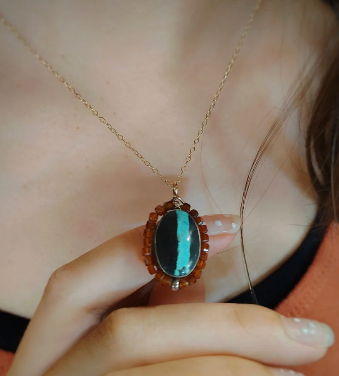 Royston Ribbon Turquoise & Champagne Garnet | Necklace & Earring Set — Decorated Tide Pool Backs | 14k Gold-Filled Ear Wires