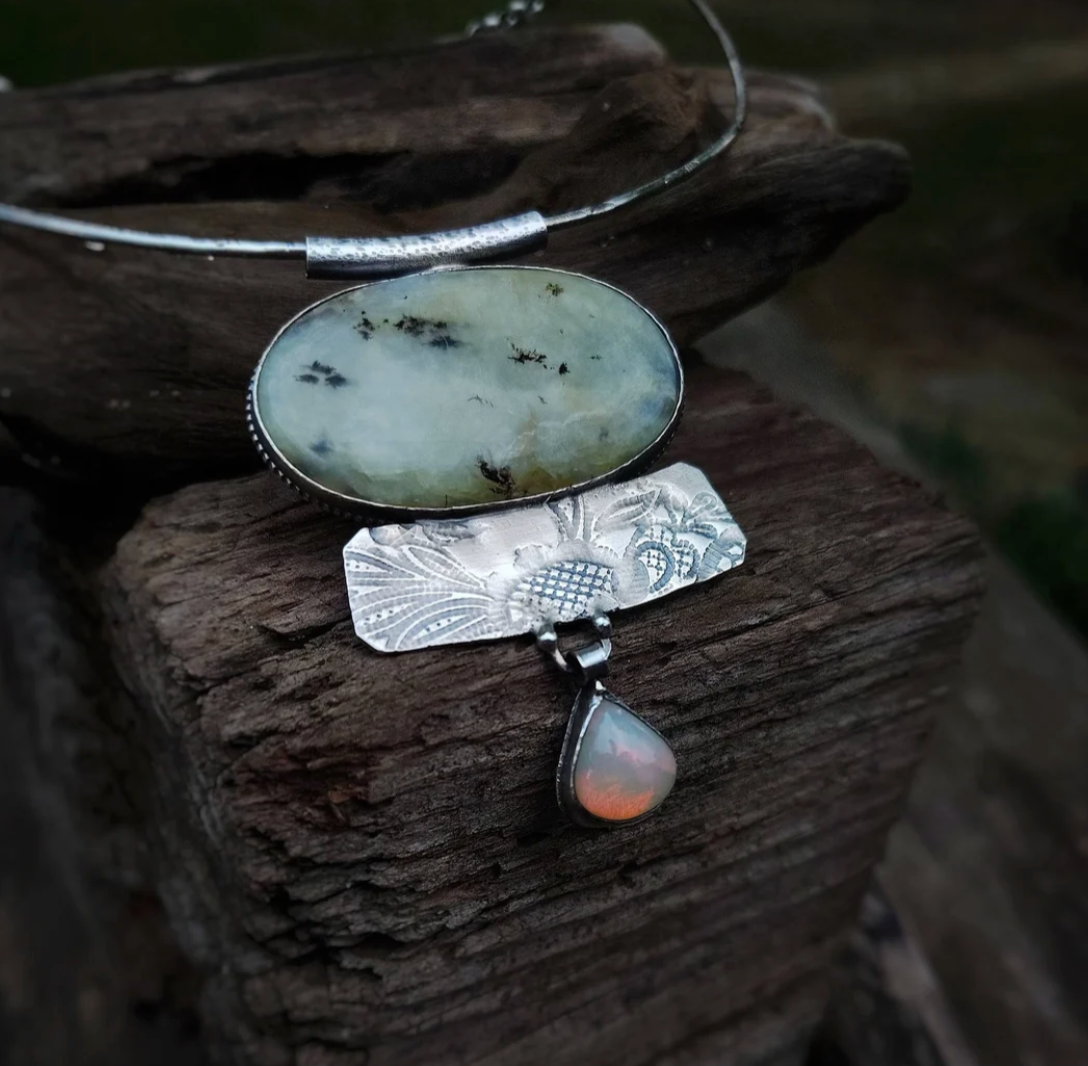 Reverberation | Dendritic Blue Opal & Ethiopian Opal | Sterling Silver Art Necklace