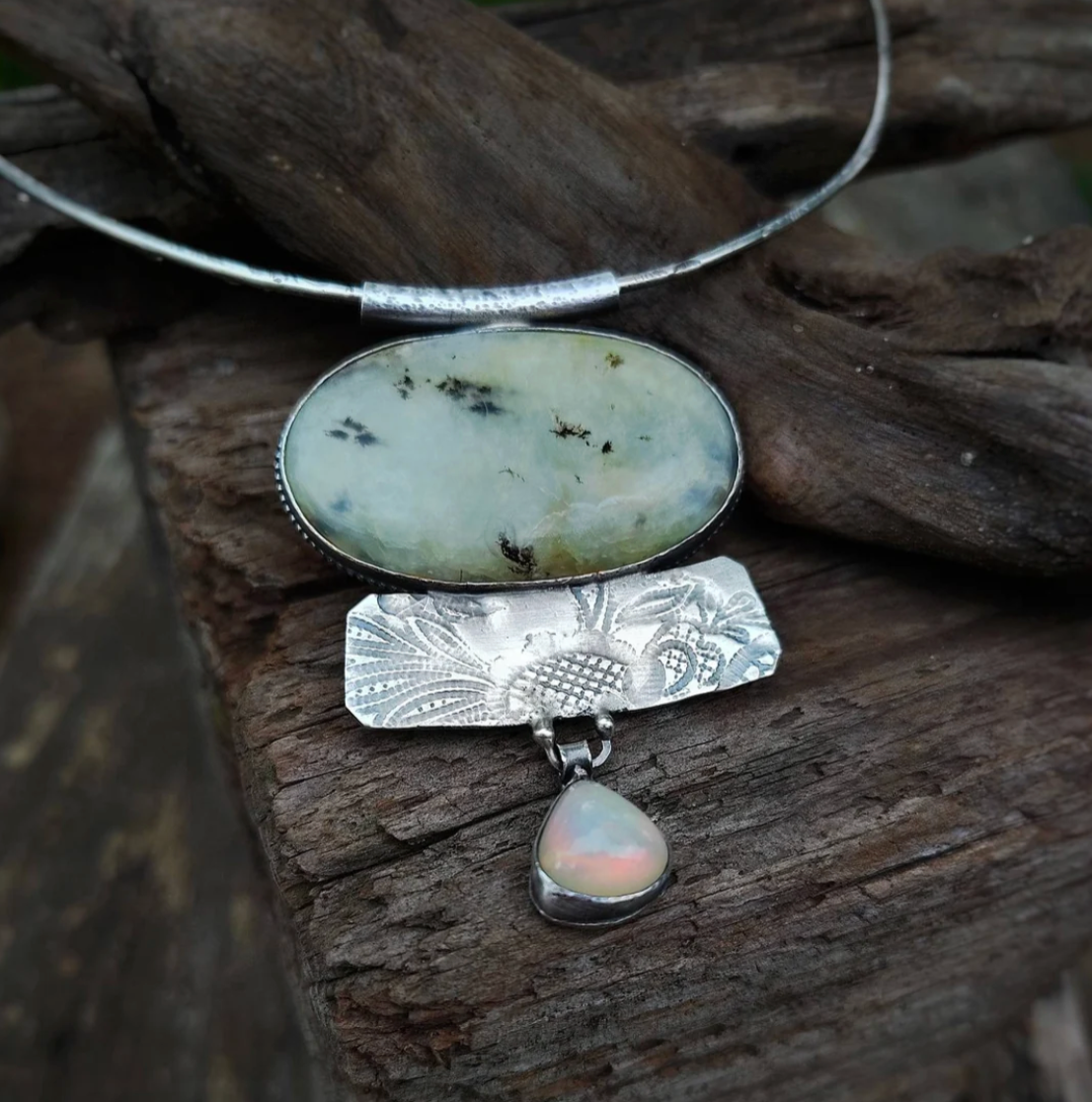 Reverberation | Dendritic Blue Opal & Ethiopian Opal | Sterling Silver Art Necklace