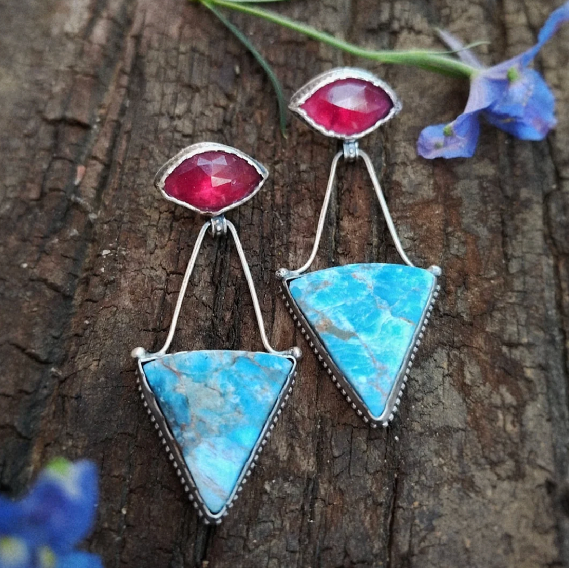 Apatite & Ruby Dangle Earrings — Triangle Apatite & Faceted Ruby | Dotted Sterling Silver Bezel Regular price
