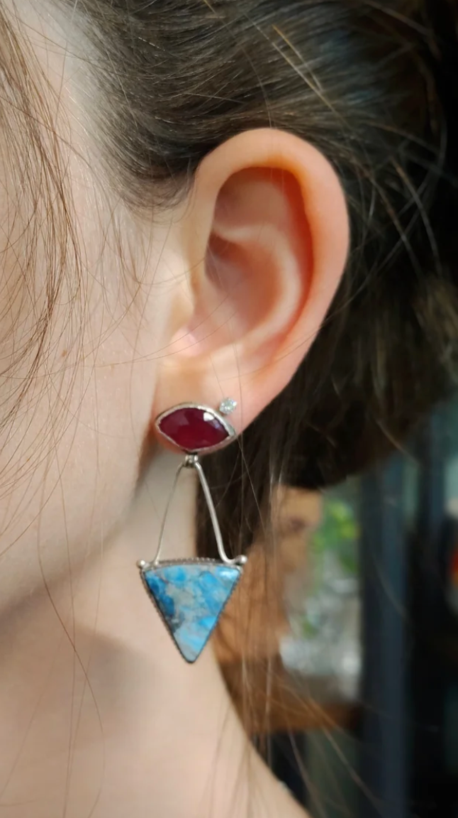 Apatite & Ruby Dangle Earrings — Triangle Apatite & Faceted Ruby | Dotted Sterling Silver Bezel Regular price